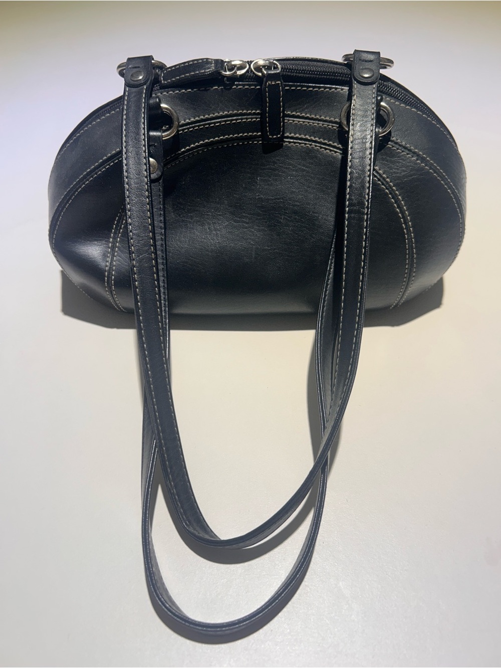 Black Leather Shoulder Bag with Contrast Stitching